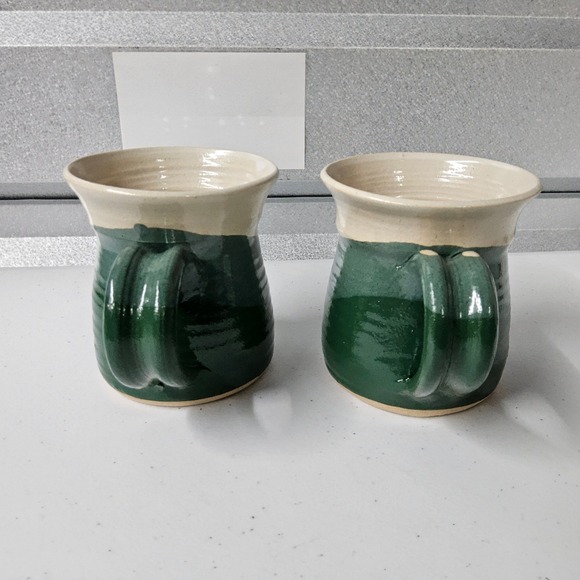 Handmade‎ Pottery Mugs Set of 2 Green Beige Ceramic Coffee Tea Cup Artist Sig - Picture 2 of 9